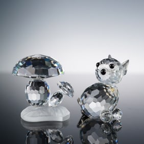 Swarovski Crystal Figurines, Mini Cat & Mushroom
