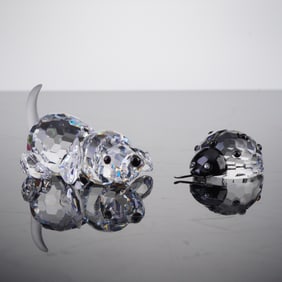 2pc Swarovski Crystal Figurines, Ladybug and Beagle Puppy Playing