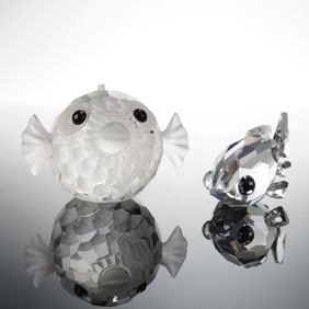 2pc Swarovski Crystal Figurines, Small Blowfish & Mini Goldfish