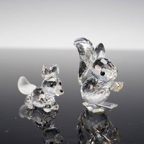 2pc Swarovski Silver Crystal Figurines, Mini Fox Prowling and Squirrel