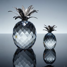 2pc Swarovski Sparkling Fruit Crystal Figurines, Large & Small Pineapples