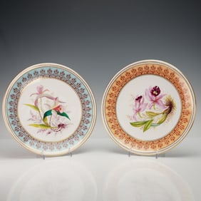 2pc Royal Crown Derby Hand Painted Orchid Cake Plates
