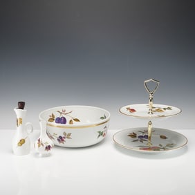 4pc Royal Worcester Porcelain Two Tiered Serving Tray & Bowl, Evesham