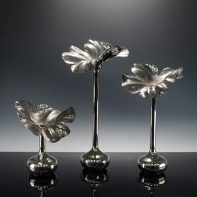 3pc Spanish Silver Plated Flower Vases