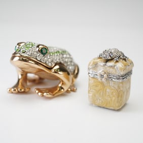 2pc Jay Strongwater Mini Frog Trinket Box & Unmarked Enamel Frog Box