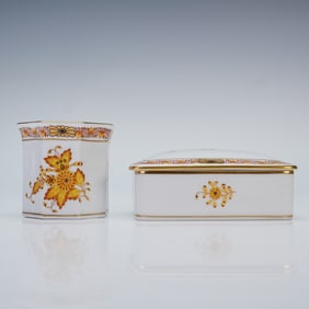 2pc Herend Cigarette Holder and Covered Box, Chinese Bouquet Yellow