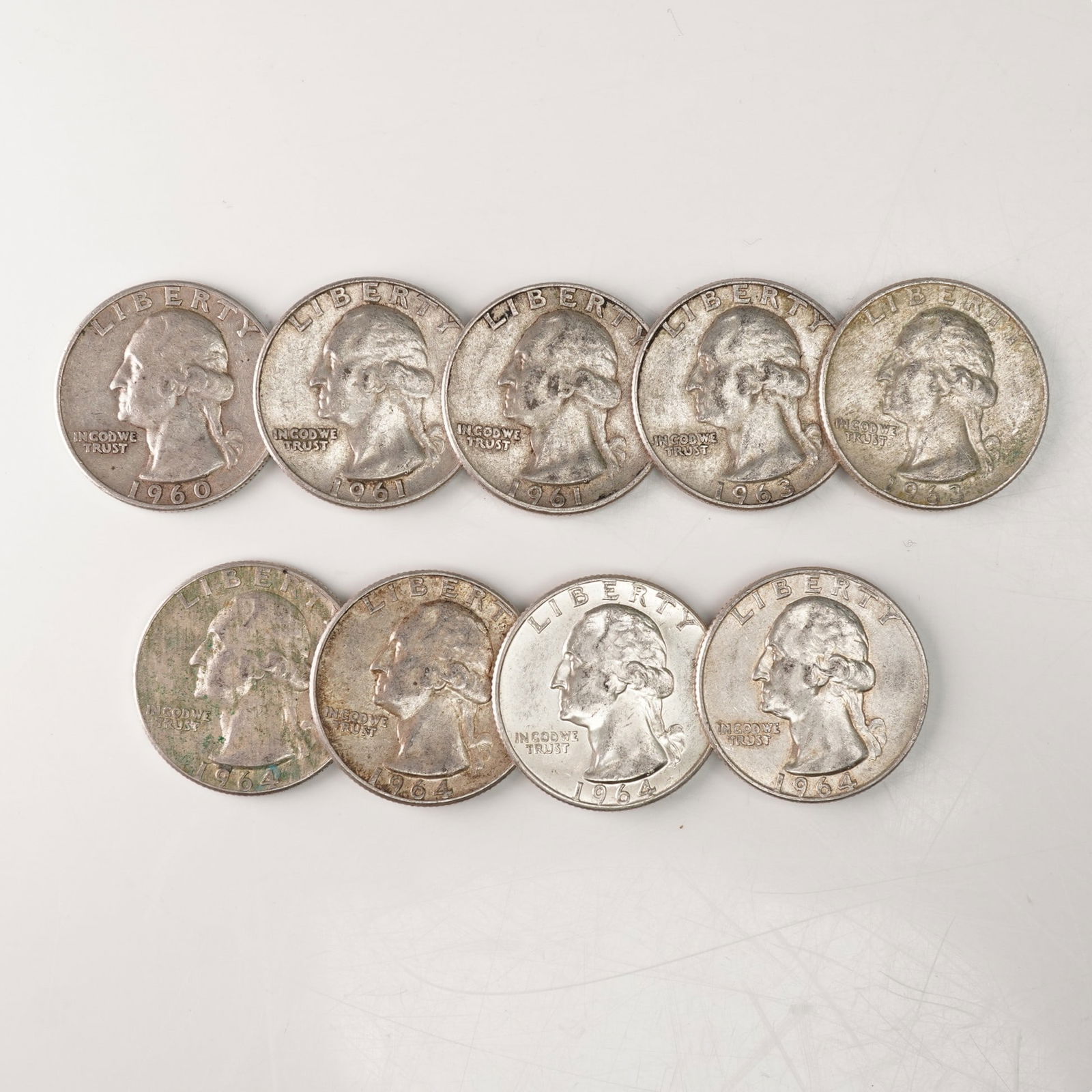 9pc 1960-D to 1964-D Washington Silver Quarters (1 of 5)