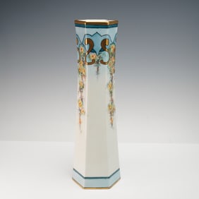 Austrian Handpainted Yellow Roses Hexagon Vase with Blue Trim