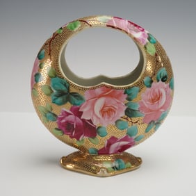 Nippon Moriage Moon Basket Porcelain Vase Red and Pink Roses