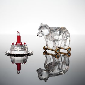 2pc Swarovski Crystal Memories Figurines, Bear on Wheels & Happy Birthday