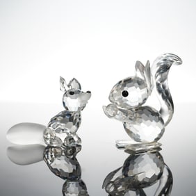 2pc Swarovski Silver Crystal Figurines, Squirrel and Fox Sitting