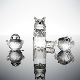 3pc Swarovski Silver Crystal Figurines, Mini Chick, Mini Blowfish & Cat