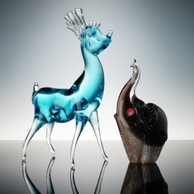 2pc Art Glass Blue Deer and Elephant Figurines