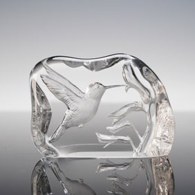 Capredoni Dartington Etched Crystal Paperweight, Hummingbird and Flower