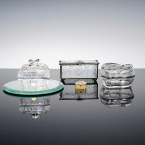 5pc Crystal Dresser Set with Lidded Boxes, Enameled Ring Box, Tray