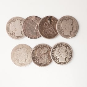 7pc 1876-CC Seated Liberty Dime & 1907-O to 1914-D Barber Dimes