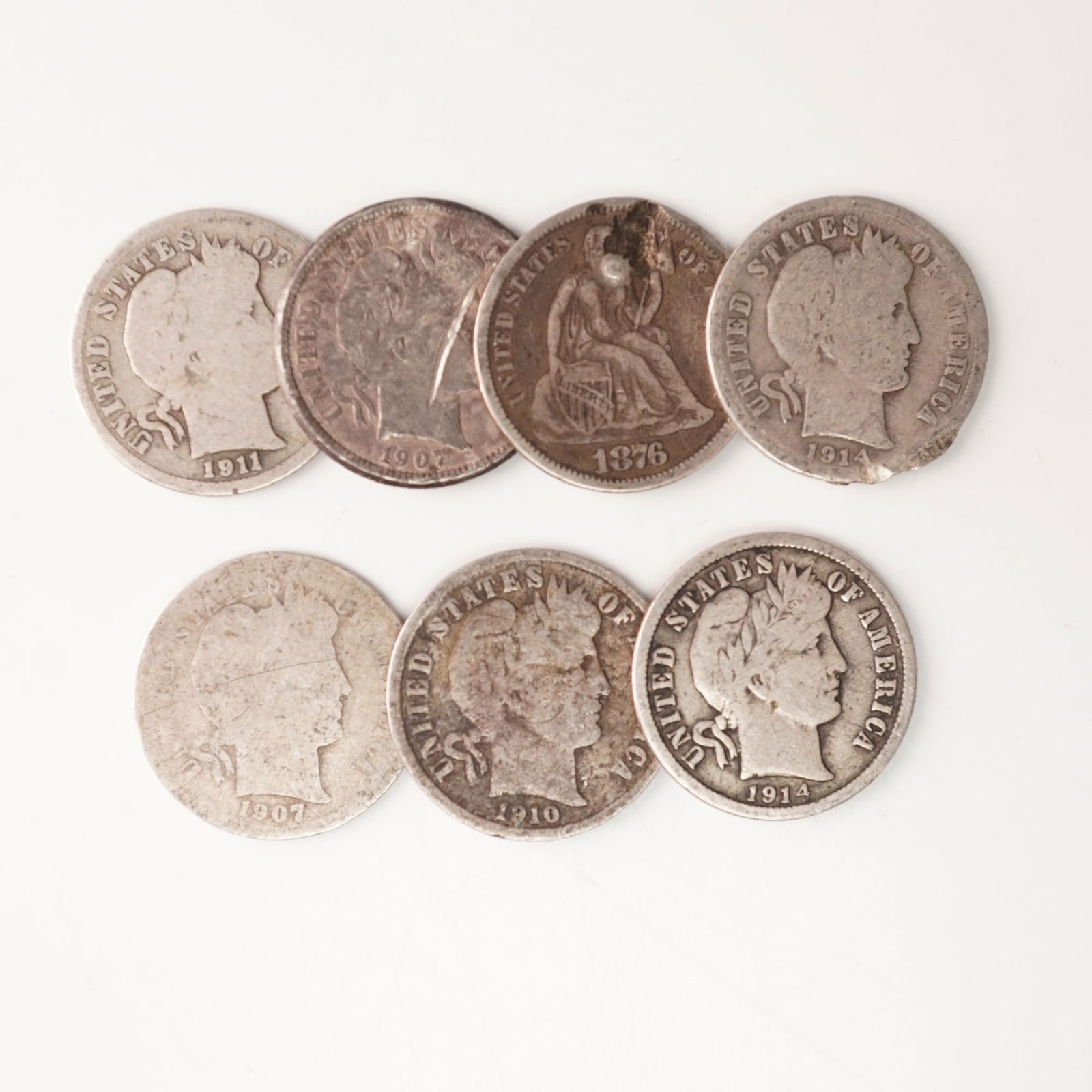 7pc 1876-CC Seated Liberty Dime & 1907-O to 1914-D Barber Dimes (1 of 4)