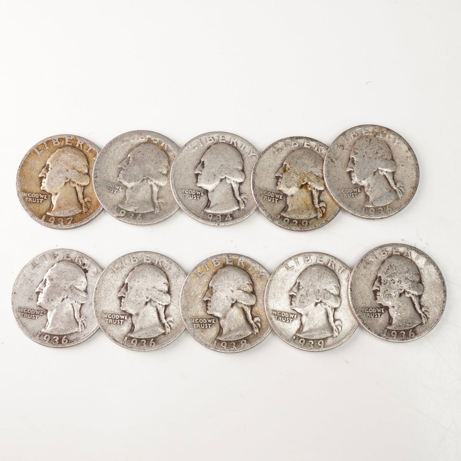 10pc 1934 to 1939 Washington Silver Quarters (1 of 5)
