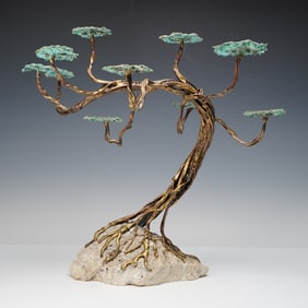 Bonsai Tree Form Metal and Stone Sculpture