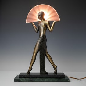Attributed to Max LeVerrier, Deco Style Bronze & Glass Egyptian Dancer Lamp