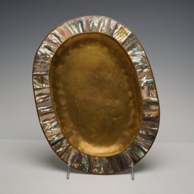 Vintage Alpaca Silver, Brass and Abalone Inlay Oval Platter