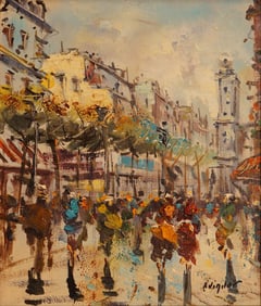 Mid-Century Oil on Canvas Painting, Parisian Street Scene, Signed