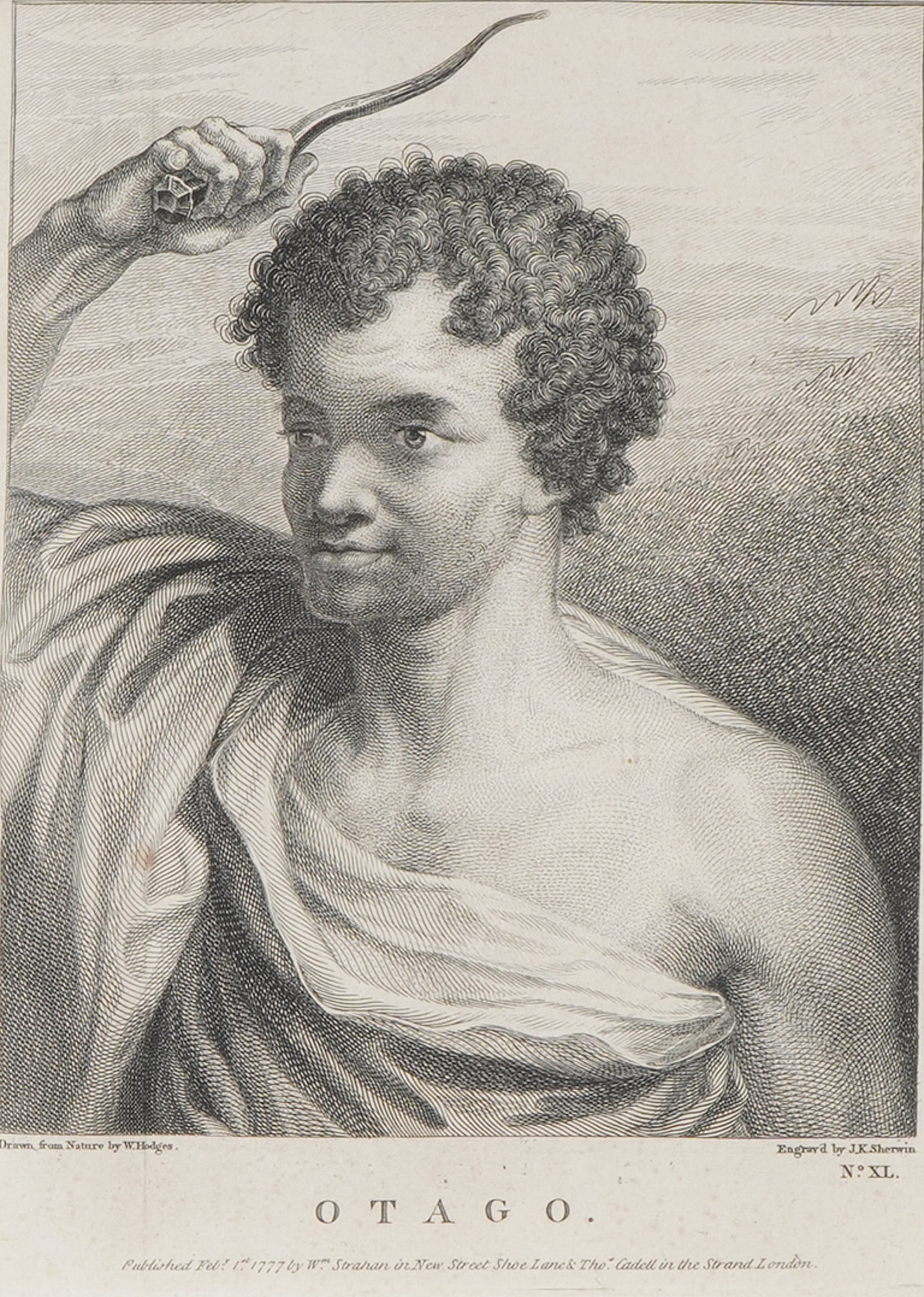 William Hodges (British 1744-1797) 1st Ed. Engraving of Polynesian Otago: A superb first edition 18th-century engraving titled Otago, drawn from nature by William Hodges and engraved by J.K. Sherwin, published February 1st, 1777 by William Strahan in New Street, Shoe Lane, 