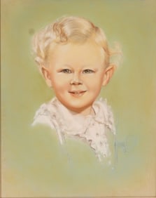 Mid-Century Pastel Drawing on Paper, Portrait of a Young Boy, Signed