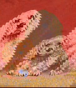 Original Gouache on Paperboard Painting, Two Cocker Spaniels, Signed