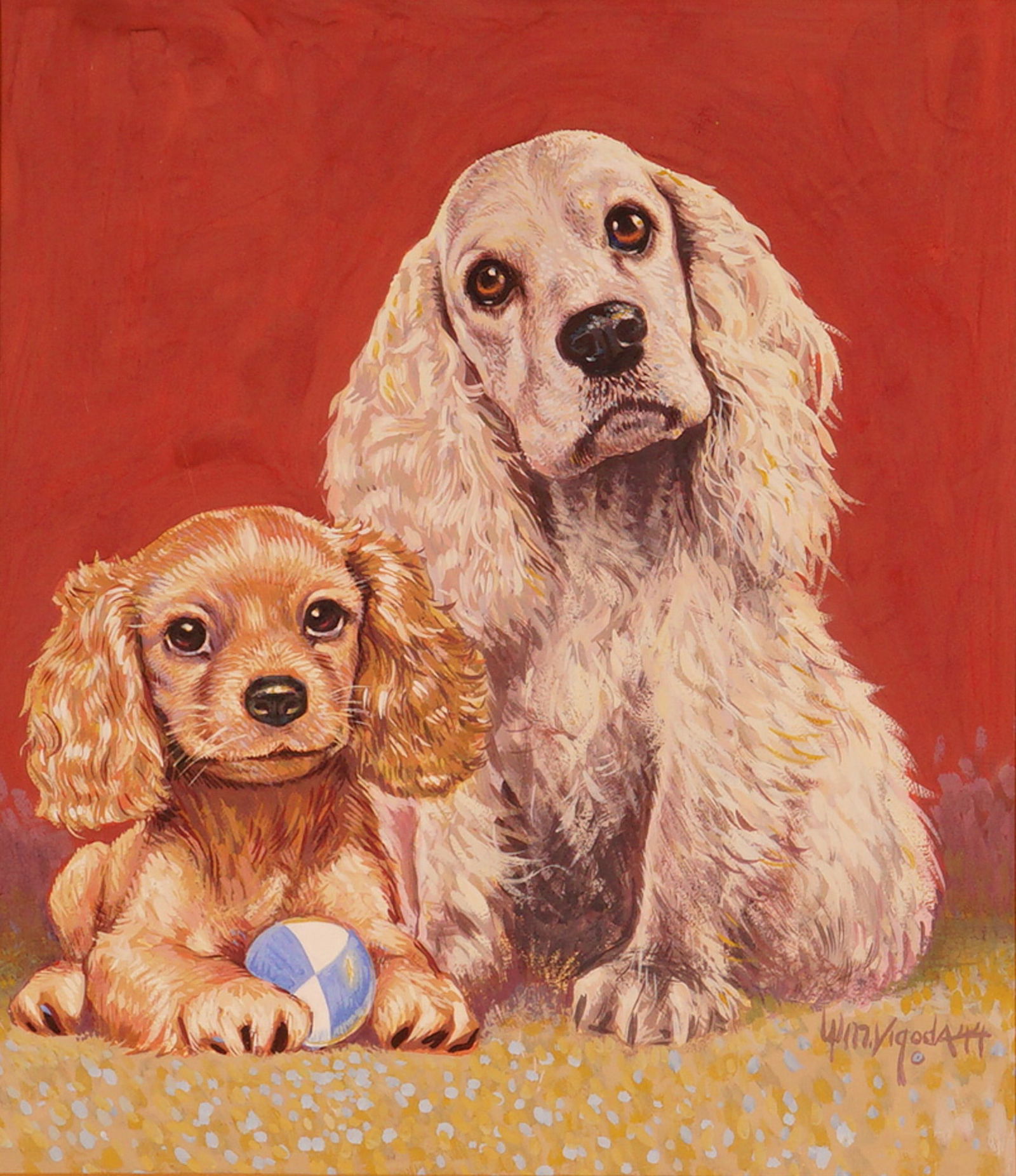 Original Gouache on Paperboard Painting, Two Cocker Spaniels, Signed (1 of 6)