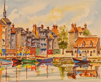 William Le Quilleuc, Watercolor on Paper Painting, Normandy Harbor, Signed