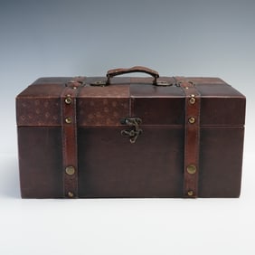 Wood and Faux Leather Storage Case with Brass Hardware