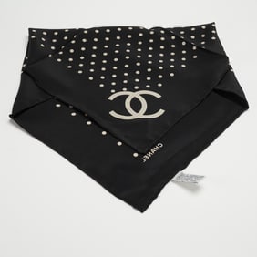 Chanel Black Silk Polka Dot Carre Scarf