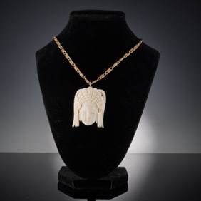 Carved Bone Female Mask Pendant on Gold Chain Necklace