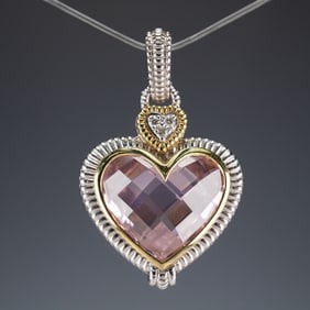 Judith Ripka 18K & Sterling Silver Pink Quartz Diamond Heart Pendant
