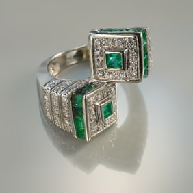 14k White Gold 1.60ctw Emerald and 0.90ctw Diamond Bypass Ring