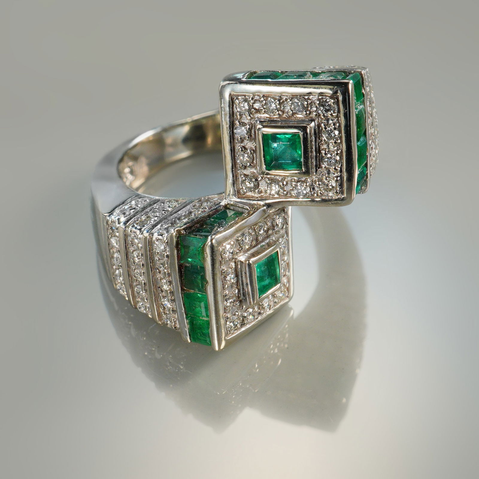 14k White Gold 1.60ctw Emerald and 0.90ctw Diamond Bypass Ring (1 of 4)