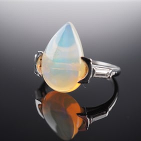 Platinum 4.77ct Pear-Shaped Opal and .20ctw Baguette Diamonds Ring