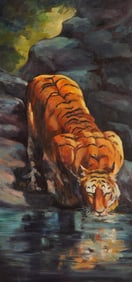 Gerry Phillips, Oil on Canvas Painting, Tiger at Water Hole, Signed