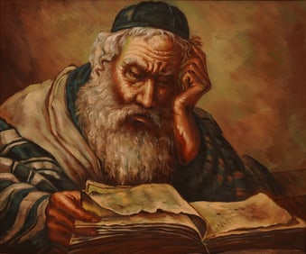 Judaica Oil on Canvas Portrait of an Elderly Scholar Reading