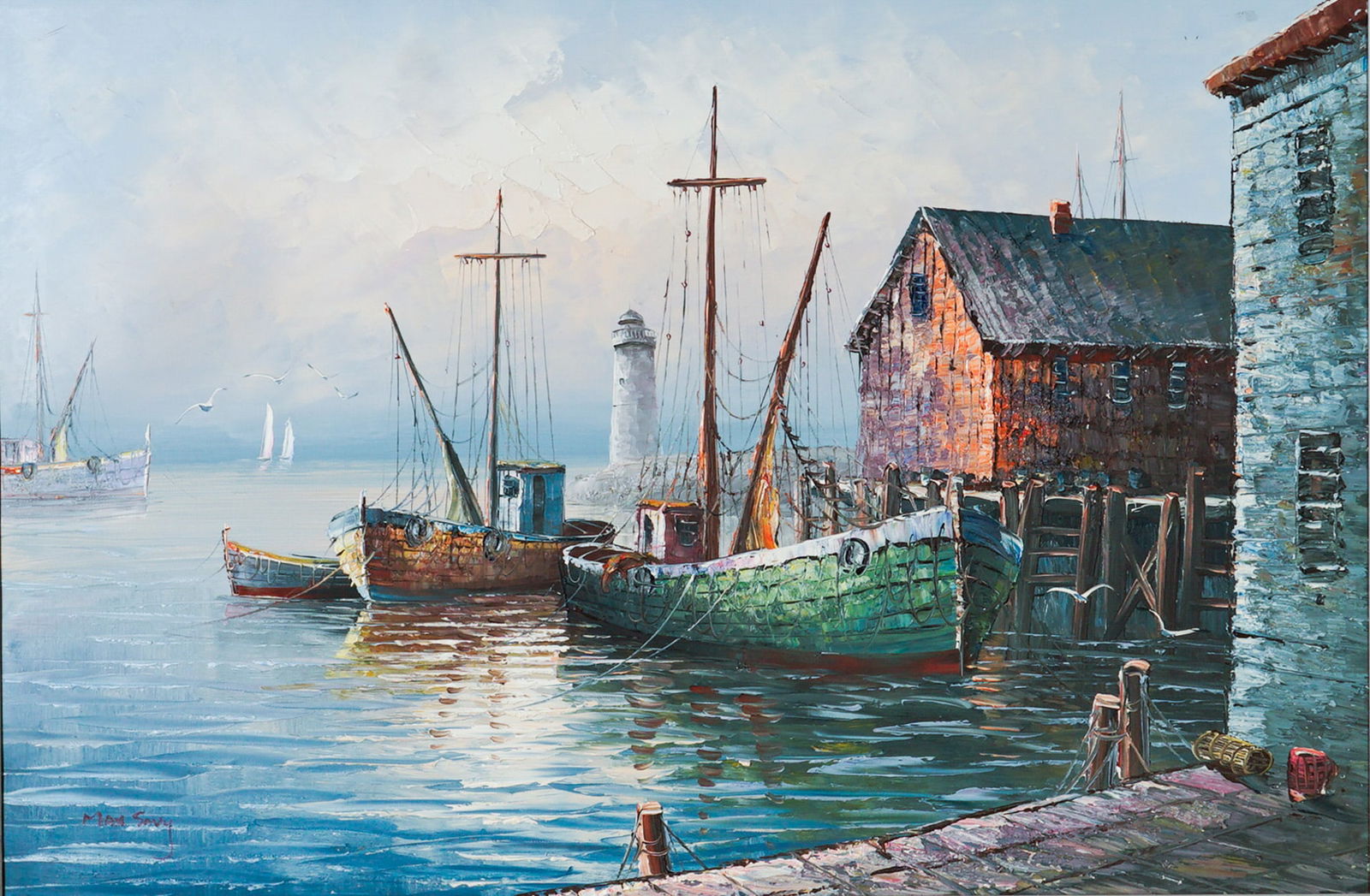 Max Savy, French Oil on Canvas Painting, Harbor Scene, Signed (1 of 7)