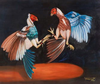 Vanessa S., Oil on Canvas Painting, Cockfight Scene, Signed