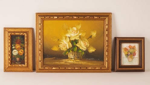 3pc Oil on Canvas Paintings & Color Etching, Floral Bouquets, Signed