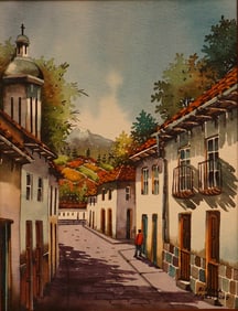Bolivar Arcentales, Watercolor Painting, Andean Village Street, Signed