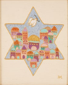 Judaica Mixed Media on Panel, City of Peace in the Star of David, Signed HE
