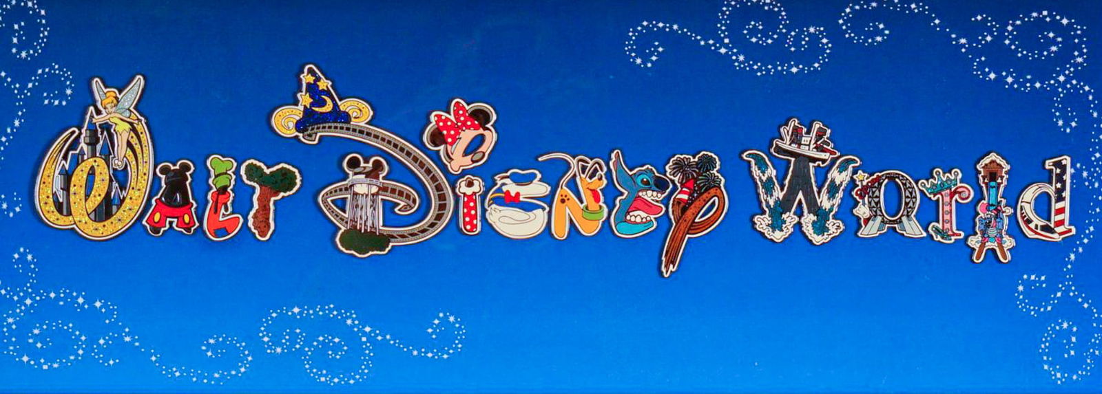 Walt Disney World Letters With Character Framed Pin Art: A colorful open-edition artwork created by Disney artist Doug Strayer, featuring the phrase "Walt Disney World" spelled with character-inspired pins representing beloved icons including Mickey, Minnie