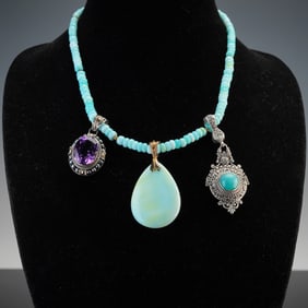 3pc Sterling Silver Beaded and Gemstone Necklace and Pendants