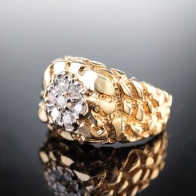 14K Gold Ring with Diamonds, Gold Nugget Motif