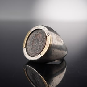 Ancient Luristan Bronze Artifact Set in Modern Silver Ring