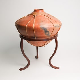 Terracotta Tarahumara Tesquino Vessel with Rawhide Strips